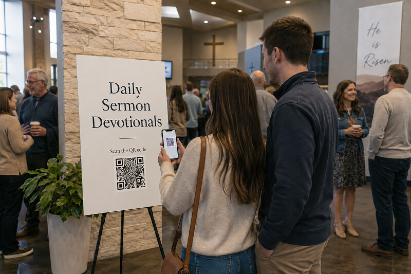 Congregants scanning a Daily Sermon Devotionals QR code at church